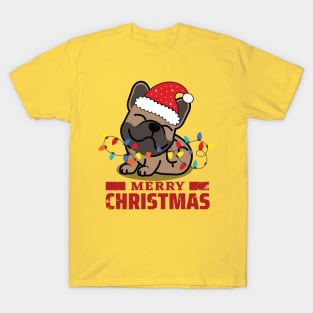 Happy French Bulldog Tangled Up In Christmas Lights T-Shirt